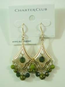 Charter Club Hypo  Allergenic Pierced Earrings Hoops w/ Green Stones 