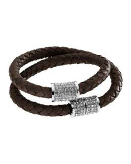 Double Wrap Braided Leather Bracelet with Pave Detail, Chocolate