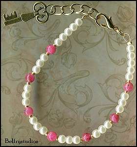 Natural RUBY Gemstone Bead Bracelet w/ Faux Pearls & Key ~ July 
