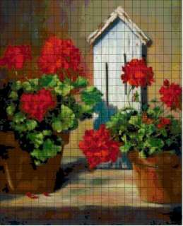 Geraniums & Birdhouse Cross Stitch Pattern Flowers  