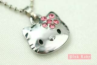 W30 Hello Kitty Pink Crystal Flower Bow Charm Necklace  
