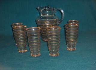 Vintage Glass Iced Tea Pitcher & Tumblers Gold Stripes  