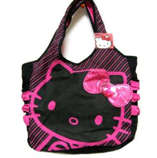 New Hello Kitty Black Star Strip Pink Sequin Bow Large Tote Bag  