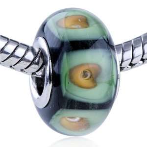  Murano Glass Bead Yellow Flower Green And Black Stripe Fit 