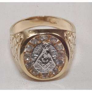  14k Yellow Gold Mens Masonic Ring with CZ Stone: Jewelry