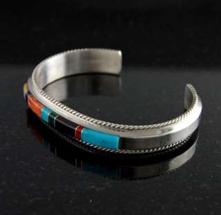   Turquoise Coral Onyx Inlay Bracelet Navajo Sterling Silver  