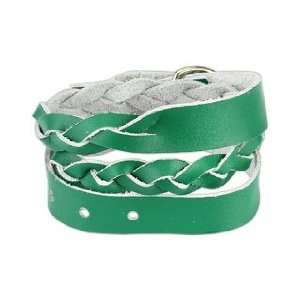  Green Leather Double Wrap Weaved Strip Bracelet   Length 6 
