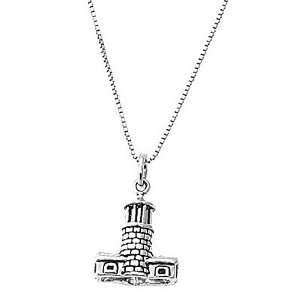   Silver 3 Dimensional Lighthouse with Two Houses Necklace Jewelry