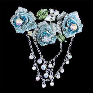 Teardrop Rose Tassel Brooch Pin Blue Swarovski Crystal  