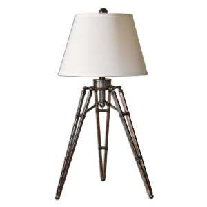   Bronze and Gold Hardback Tripod Table Lamp with Off White Linen Shade